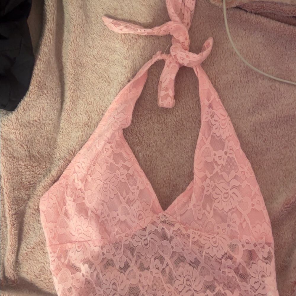 Elegant Pink Lace Halter Bralette